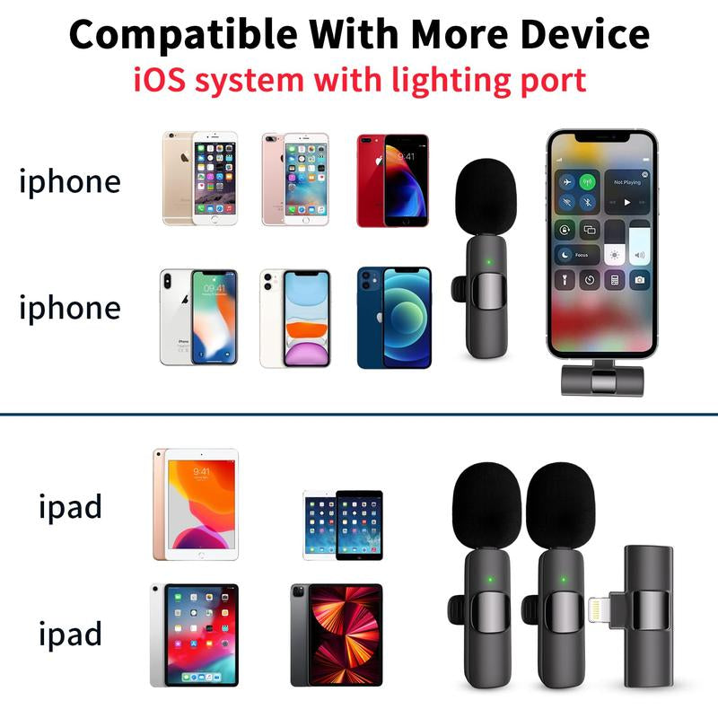 2 Pack Professional Wireless Mini Microphone for Iphone, Ipad Iphone 15, Ios and Android Devices, Professional Microphone for Video Recording, Vlog,Live Streaming